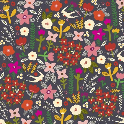 Windham Fabrics - Petite Fleurs Organic - Wood Swallows in Navy